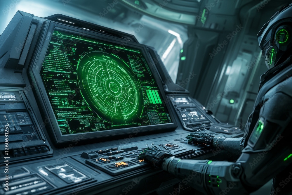 Poster a cyberpunk-inspired futuristic research facility where neon-lit ai robots assist scientists with da