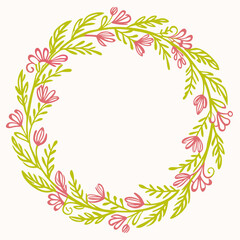 A beautifully hand-drawn floral wreath vector featuring delicate pink flowers and lush green leaves, perfect for adding a touch of nature-inspired elegance to any design project