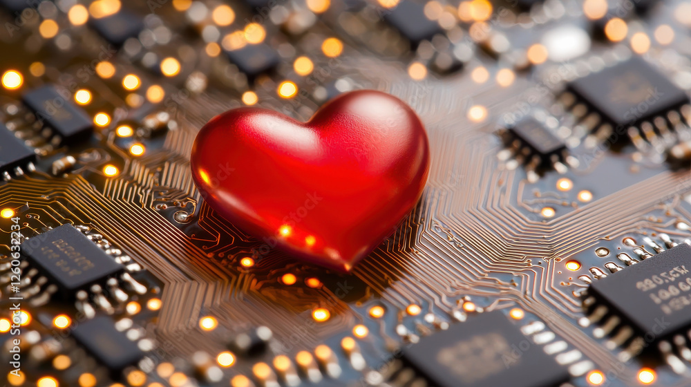 Fototapete close up of red heart placed on microchip circuit board, symbolizing connection between technology a
