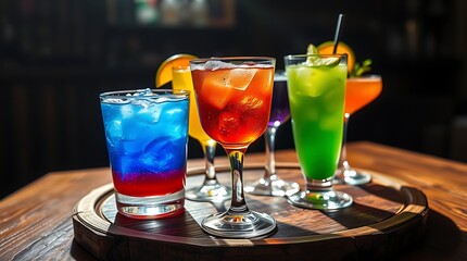 Colorful cocktails served on a rustic wooden tray