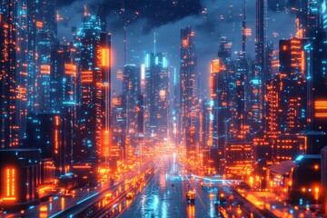 Fototapeta premium Futuristic Neon Cityscape with Glowing Skyscrapers and Reflections on a Rainy Night Street
