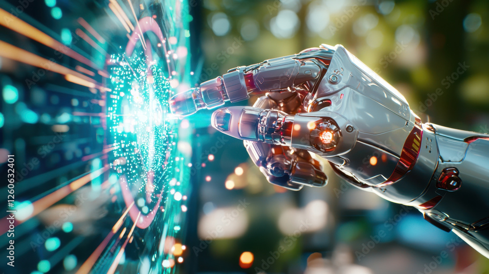 Poster robotic hand interacting with digital interface, showcasing advanced technology and innovation. scen