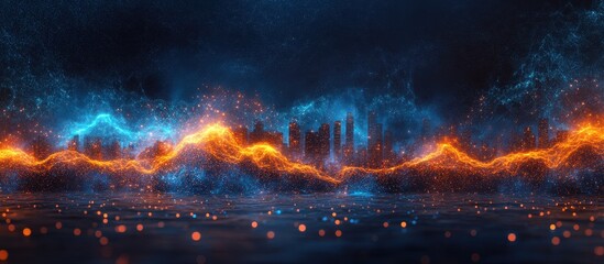 Naklejka premium Futuristic Cityscape with Vibrant Neon Lights and Dynamic Energy Waves Against a Dark Night Sky