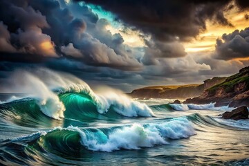Fototapeta premium Dramatic Stormy Coastal Scene: Powerful Waves Crashing on Shore