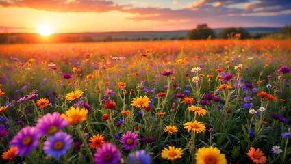 Fototapeta premium Vibrant wildflowers under a golden sunset sky