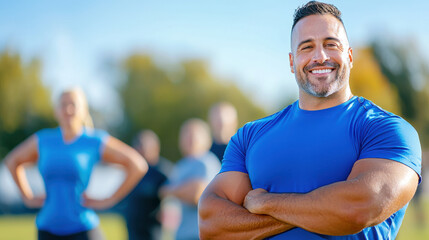 Fototapeta premium diverse group of people engaging in morning fitness activities, showcasing teamwork and motivation in sunny outdoor setting