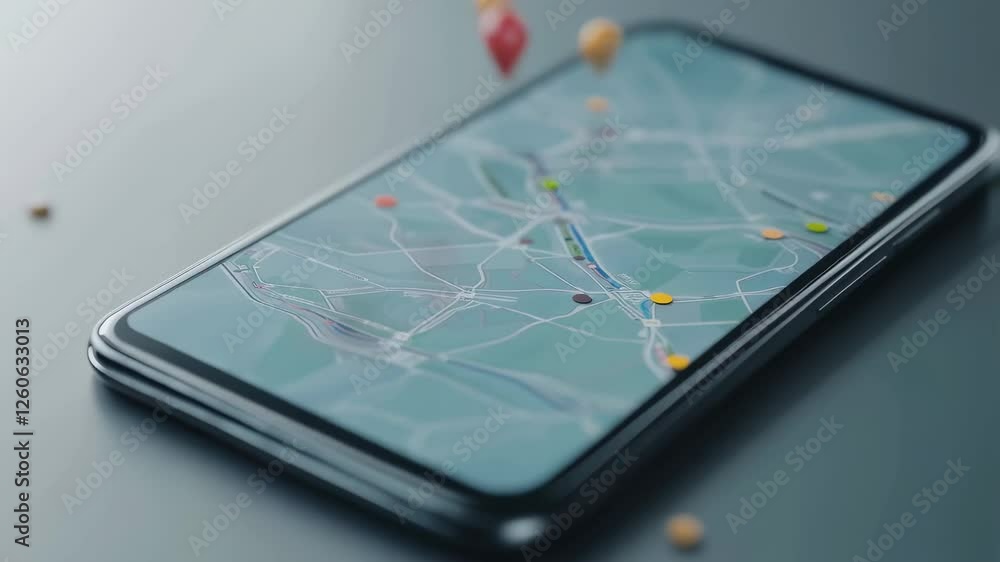 Aufkleber location pins dropping onto smartphone map revealing urban navigation, displaying digital route plan