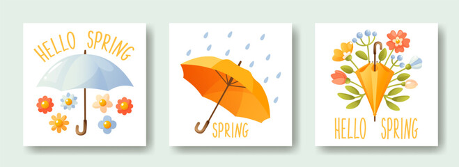 Set of square cards with open and closed umbrellas in flowers and rain, text hello spring. Cute vector illustration for spring design.
