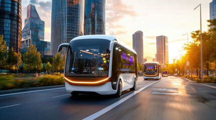 Fototapeta premium Futuristic public transport system featuring autonomous buses in modern cityscape. scene captures advanced technology and urban development at sunset, creating vibrant atmosphere