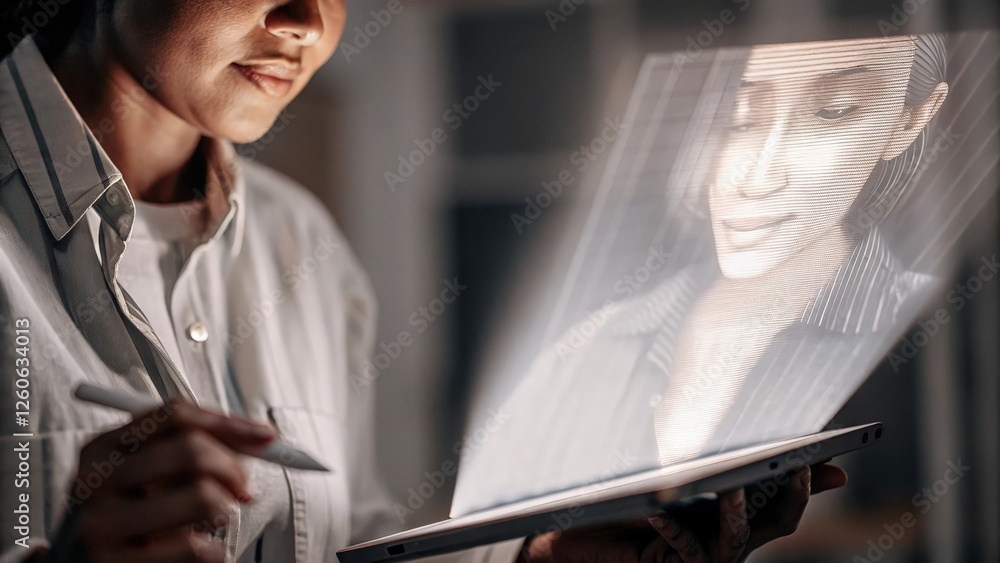 Poster a focused closeup of an employees face illuminated by a 3d holographic display of a virtual presenta