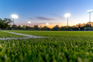 Grass field at dusk lit up for sports, recreation, or events with blue sky