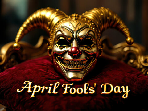 April fools' day celebration with golden jester mask on velvet throne