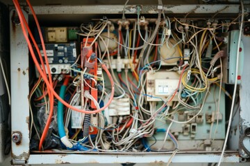 The electrical wires in the phone line box look messy. Neural network ai generated