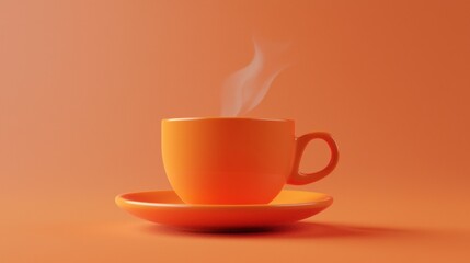 Obraz premium A vibrant orange cup holds a fresh brew, releasing gentle wisps of steam. Set against a matching background, it evokes warmth and comfort, perfect for leisurely moments alone or shared