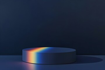 A circular pedestal is illuminated with a rainbow reflection, set against a dark blue background. Concept Circular Pedestal, Rainbow Reflection, Dark Blue Background, Artistic Lighting