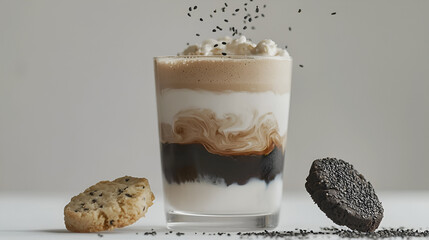 Delicious layered drink with sesame seeds and tasty cookies, offering a delightful flavor combination.