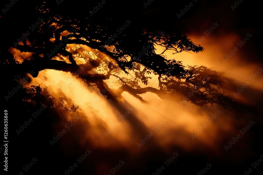 Poster sunlight streaming through branches in forest, creating misty, ethereal background