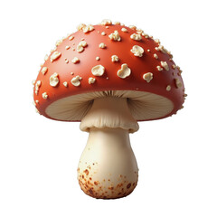 Bright red mushroom with white specks on a smooth surface isolated on white background with a transparent png effect