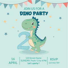 Postcard. Cute dinosaur, dinosaur boy. Birthday invitation. 2 years, two