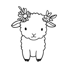 cute sheep with flower wreath vector, black and white sketch