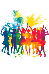 Silhouettes de personnes colorées faisant la fête sous les tropiques