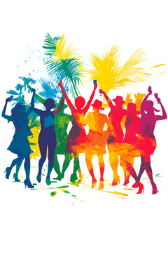 Silhouettes de personnes color&eacute;es faisant la f&ecirc;te sous les tropiques
