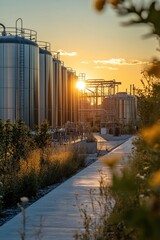 Obraz premium Industrial Silhouette at Sunset with Metal Silos and Pathway in a Modern Manufacturing Facility