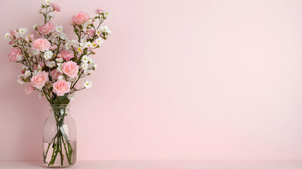Fototapeta premium Pink roses, white flowers, glass vase, pink background, spring floral arrangement, greeting card