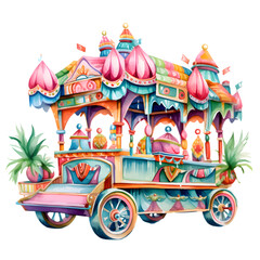 A whimsical, multi-colored vehicle, reminiscent of a decorated truck or bus, is depicted in a playful, cartoonish style against a light background.