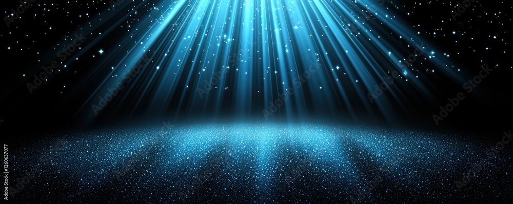 Poster a serene scene of blue rays of light breaking through darkness, creating a mystical atmosphere with 