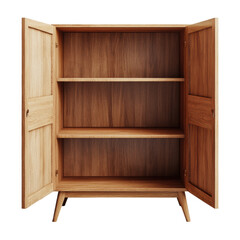 Mid-Century Modern Cabinet:  A sleek and stylish mid-century modern cabinet with open doors reveals three spacious shelves, offering ample storage space for a variety of items.