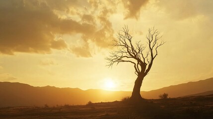 Dramatic Silhouette of a Lone Tree Against a Sunset Sky