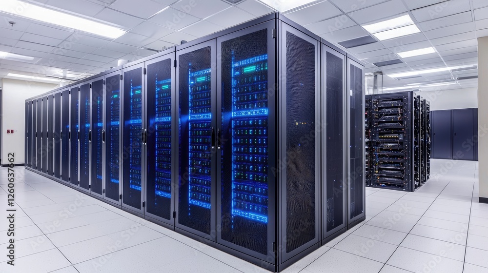 Aufkleber A high-tech data center with illuminated server racks and advanced networking equipment, symbolizing cloud computing, cybersecurity, and digital infrastructure. Ideal for technology and IT-related ads