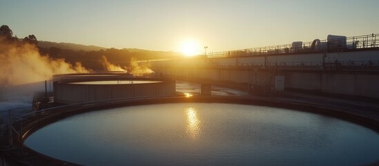 Naklejka premium Sunrise Over Industrial Water Treatment Facility with Steam Rising from Circular Tanks