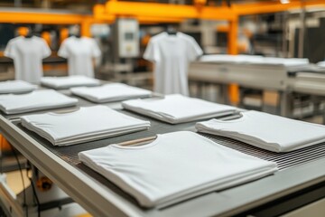 White t-shirts neatly folded on a table in a garment factory, showcasing organized production and textile manufacturing processes.
