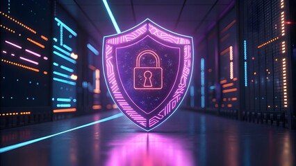 A glowing padlock on a futuristic digital shield for cyber security and tech inspiration