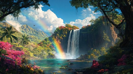 Tropical waterfall rainbow paradise, lush vegetation, mountains background, travel poster
