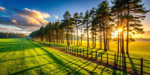Drone View: Tall Pines Lining Livestock Fence, Lush Pasture