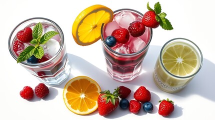 Summer drinks with ice, fresh berries, lemon and lime isolated on white