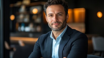 Fototapeta premium Confident businessman portrait, cafe background, professional headshot