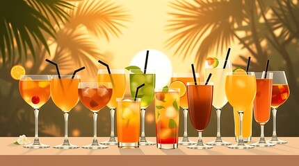 Large collection of summer refreshing cocktails in transparent glasses
