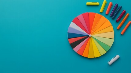 Obraz premium Vibrant Spin Wheel on Desk with Colorful Markers and Notepads for Brainstorming and Decision-Making