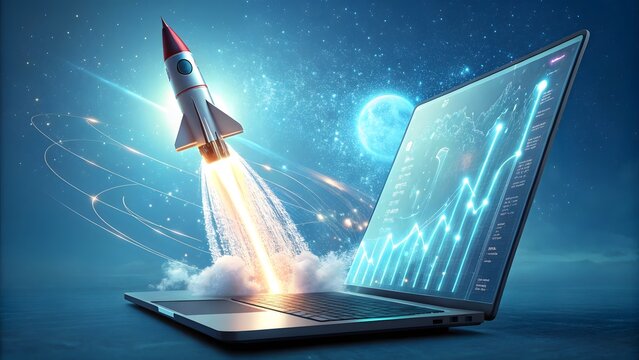 Dynamic rocket launching from a sleek laptop, representing futuristic technology and progress
