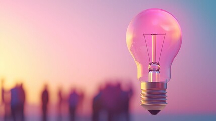 A glowing light bulb hovers in the foreground with a blurred group of people in the background, creating a vibrant and innovative atmosphere.
