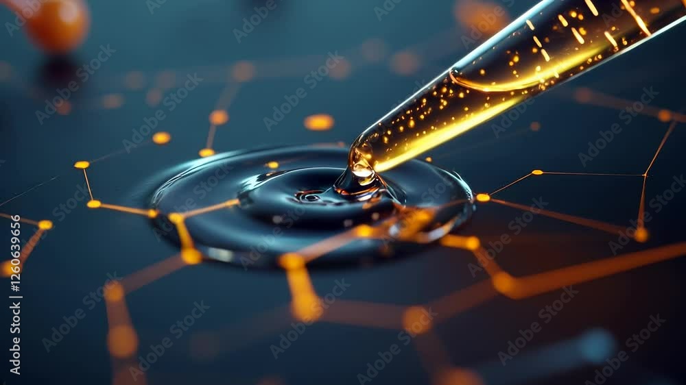 Poster macro science pipette releasing liquid on surface with molecular patterns in laboratory chemistry
