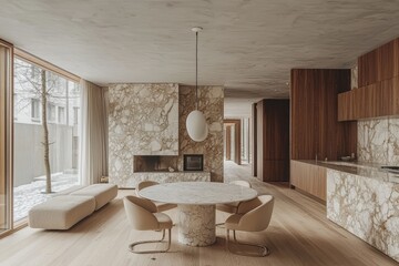 Modern round white dining table minimalist open space contemporary interior design bright atmosphere aesthetic viewpoint