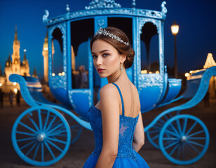 Beautiful princess in blue long dress is standing in front of the blurred luminous blue carriage background at evening time with lights. Ai generated
