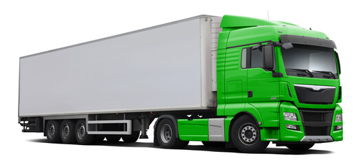 A modern European truck with a green cab and a full white semi-trailer. Front side view isolated on...