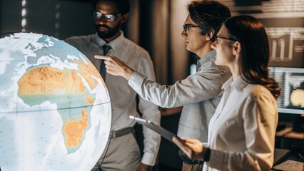Obraz premium A team of data scientists analyzing a floating holographic globe with realtime geographic data overlays while discussing implications for global strategy.