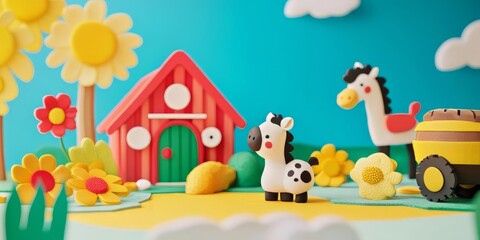 Naklejka premium Whimsical Farm Scene with Playful Animals, Barn, and Flowers